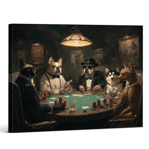 Funny Gambling Pets Wall Art Vintage Dogs Playing Poker Canvas Print Poster Whimsical Animal Wall Decor for Home Bar Man Cave 8x10 Inch Framed