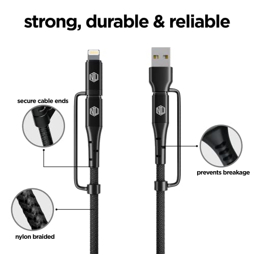 Image of Nu Republic Blaze Quad 100W 4-in-one 1.2 m USB-A to Type-C to Type-C + Type-L Fast Charge Braided Cable (Compatible with Mobile, Tablet, Laptop, Speakers, Black, One Cable)