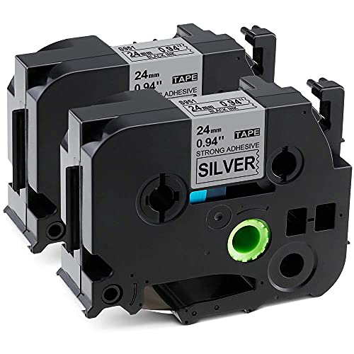 Brother P-Touch Klebeband TZ- S951 TZe- S951, Schwarz auf Silber, 24 mm x 8 m, für PT-2420, 2430, 2450, 2460, 2470, 2 Stück Cover