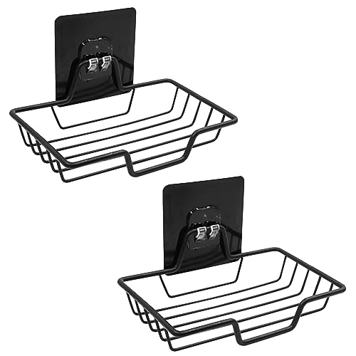 2-Pack Self-Adhesive Soap Dish Holder - Wall Mounted Stainless Steel Soap and Sponge Holder, No Drilling Soap Tray Organizer for Home Kitchen and Bathroom Shower (Black)