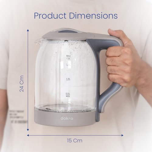 Image of Dokro 1.8L Electric Glass Kettle (1350W) | 100% Borosilicate Glass Body with Locking Lid, 360 Swivel Base, Concealed Element for faster heating, Auto Shut-Off, Rust Proof Electric Kettle (Grey)