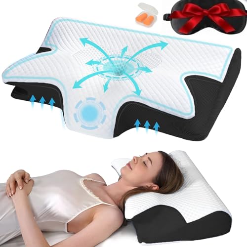 Upgraded Memory Foam Pillow,Cervical Pillow for Neck & Shoulder Pain Relief,Ergonomic Bed Pillow Soft for Side Back and Stomach Sleepers, Neck Pillow with a Detachable Cover, Earplugs and Sleep Mask.