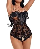 WaKallsmo Lingerie Bodysuit for Women Floral Lace Teddy Lingerie Self Knot Front One Piece Mini Babydoll (Black,M)