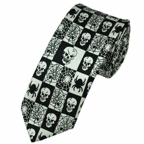 Image of WickedFun® MEN’S LUXURY Polyester Casual Satin Neck Tie Plain Stripped Printed Wedding School Formal Halloween Fancy Dress Party Ties UK (Black White Skulls and Spiders Printed)