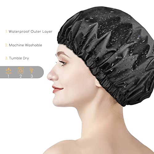 Shower Cap For Women,Satin Lined Shower Cap,Adjustable Size,Double Layer-Reusable,Waterproof And Breathable,Extra Large Shower Cap For All Hair Styles(Black) #TOP5