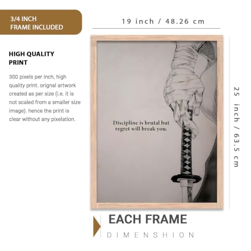 Image of kotart Japanese Samurai Motivational Art Wall Framed Posters | Aesthetic Japanese Theme Framed Poster for Living Room Bedroom Gaming Room Studio Wall Decor Set Of 3 (19X25 inch)