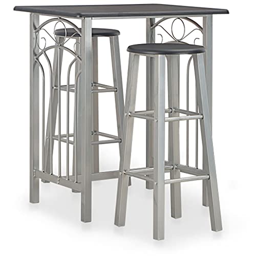 Foknhdi Ensemble de bar 3 pièces en bois et acier - Noir - 72,5 x 55 x 82,5 cm - Avec 2 tabourets de bar - Peu encombrant - Pour petits balcons, jardin,...