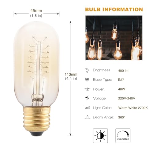 4 Pack Vintage Light Bulbs, Edison Screw Bulb 40W, Dimmable, Warm White Light 2700K, Decorative Filament Bulb E27, T45 Tube Shaped, 230V - Image 2