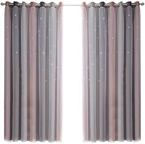 POHOVE 1pc Star Curtains,Rainbow Stripe Window Curtains,Hot Pink Curtains For Bedroom Girls,Double Layer Bedroom Curtains For Kids Room