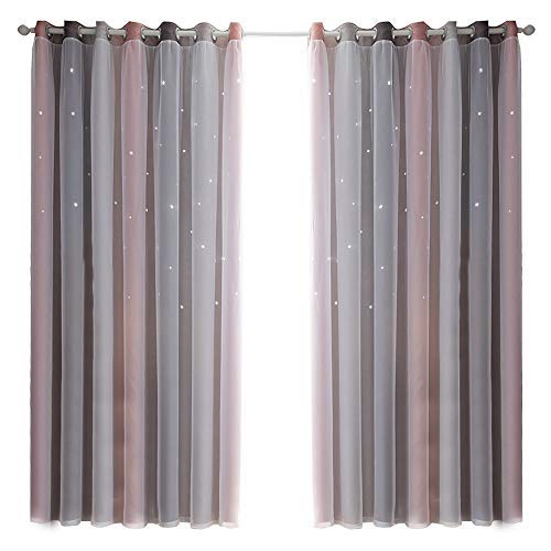 POHOVE 1pc Star Curtains,Rainbow Stripe Window Curtains,Hot Pink Curtains For Bedroom Girls,Double Layer Bedroom Curtains For Kids Room