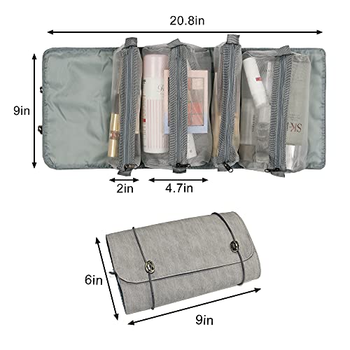 MDSTOP Hanging Roll-Up Makeup Bag / Toiletry Kit / Travel Organizer for Women - 4 Removable Storage Bags - Organize Make Up, Cosmetics, First Aid, Medicine, Personal Care, Bathroom, Palette / Brush Holder (Grey, 9