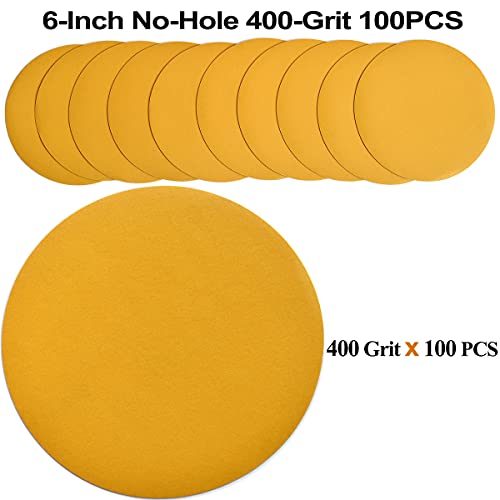 Image of 6-Inch No-Hole Hook and Loop Sanding Discs 400-Grit, Random Orbital Sandpaper for Automotive and Woodworking, 100-Pack