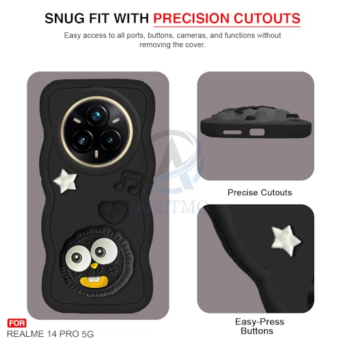 Image of AESTMO Back Case Cover for Realme 14 Pro 5G | 3D Cute Fun Cartoon Characters | Anti Slip Grip Cute Wave Curly Frame Shape | Back Cover for Realme 14 Pro 5G | (Black)