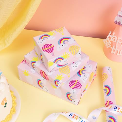 WRAPAHOLIC Pink Wrapping Paper Roll - Mini Roll - 17 Inch x 9.8 Feet - Pink Rainbow, Hot Air Balloon, Cloud Wrapping Paper for Girls Birthday, Baby Shower, Wedding - Thumbnail 5