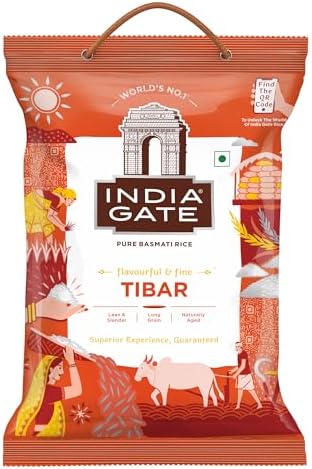 India Gate Flavourful & Fine Tibar Basmati Rice 5 Kg | Long & Slender Grains | Naturally Aged