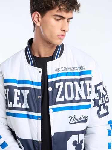 Image of Bewakoof Official Disney Merchandise Mickey Men's Typography Oversized Fit Full Sleeve Stand Collar Nylon Jacket