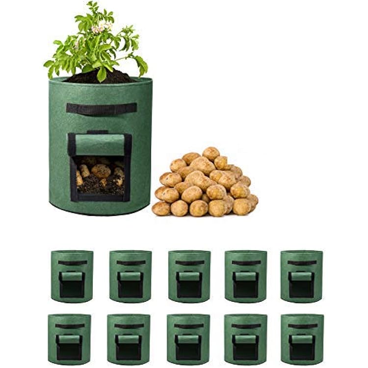 Delxo 10Pack 10 Gallon Potato Grow Bags,Grow Bags for Vegetable with Window, Double Layer Premium Breathable Nonwoven Cloth for Potato/Plant Container/Aeration Fabric Pots with Handles in Green