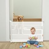 Plutrix No Drill Retractable Baby Gate for Stairs - White Baby Gate 55 inches Wide 34 inch Tall, Mesh Retractable Dog Gate for Stairs, doorways, Hallways, Deck, Outdoor, Indoor, Kitchen, & Porch