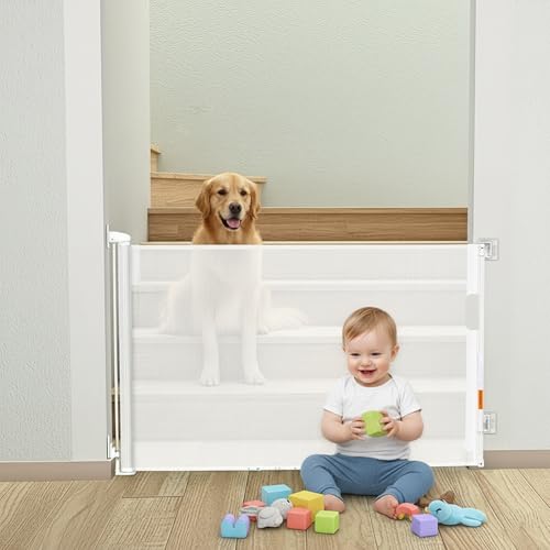 Plutrix No Drill Retractable Baby Gate for Stairs - White