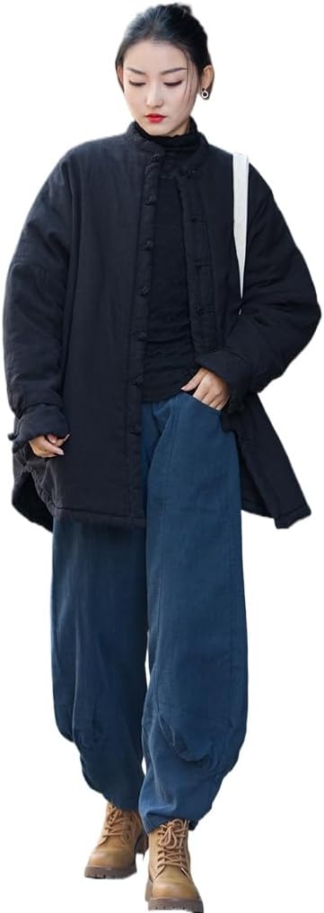 HEARTTOUCH Women's Quilted Lightweight Long Jacket Tang Suit Jackets with Pockets Chinese Style Outerwear Cotton Linen Coats