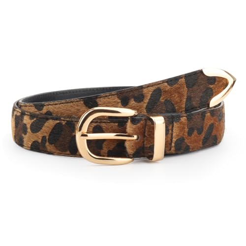 XMQBIEE Womens Leopard Print Belt Faux Fur Calf Hair with Gold Buckle Adjustable Waistband for Jeans Dresses Pants