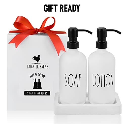 Luxury Glass Soap and Lotion Dispenser Set with Tray by Brighter Barns - Hand Soap Dispenser Bathroom Set & Stainless Steel Pump for Home, Restaurant - Farmhouse Bathroom Decor & Accessories (White)