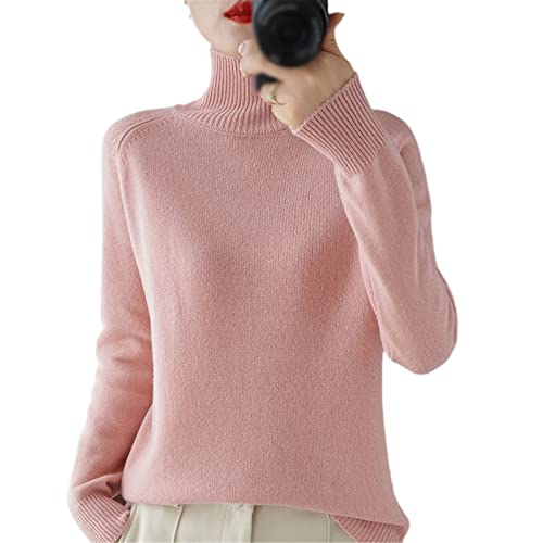Suéter de Lana de Cachemira de Cuello Alto de Las Mujeres Otoño Invierno de Color sólido Jersey de Punto Femenino Casual básico de Fondo suéter, Rosa, M