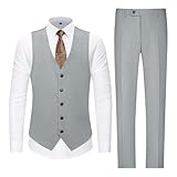 Picture of ZKHOECR Men's Suit Grey Linen Vest Pant Set Slim Fit 2 Piece Wedding Tuxedo Suits Groomsmen Prom Beach Casual Men Suit Outfit 3XL