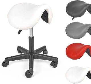 Mingone Taburete de Sillín Ergonómico con Ruedas Taburete de Trabajo Ajustable en Altura Silla de Montar Giratorio 360° para Estudio Oficina, Blanco