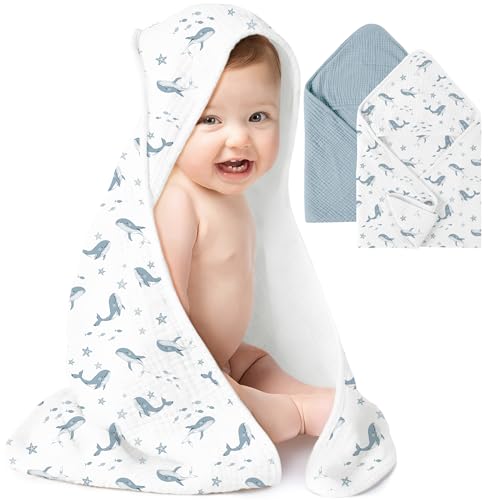 Konssy 2-Pack Muslin Hooded Baby Towels, 100% Cotton, Ultra-Soft & Absorbent Baby Bath Towels with Hood for Newborn & Infant (Blue, Blue Whale, 32