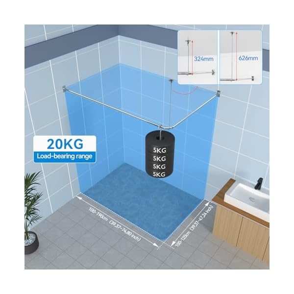 KULACO Duschvorhangstange L Form, Verstellbare Duschvorhangwinkelstangen aus SUS304 Edelstahl, Duschvorhangschiene Ecke 100-120x100-190cm Duschstange inkl. 16 Duschvorhangringe für Badewanne – Bild 4