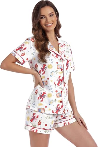 Image of LUBOT 100% Cotton Pajamas for Women 2 Piece PJ Set Button-Down Soft Knit Short Sleeve Summer Sleepwear Loungewear XS-XXL