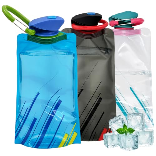JLNGTHONG 3 Pack 1000ml Foldable Collapsible Water Bottle – Reusable BPA Free Flexible Drink Pouch, Leakproof Sports Bottle for Outdoor Travel