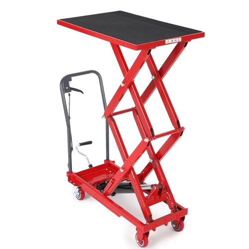 Image of Hydraulic Lift Table Cart, 770lbs Capacity 50" Lifting Height Hydraulic Table Cart, Double Scissor Lift with Non-Slip Pad for Material Handling and Transportation, Red