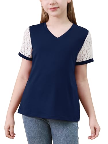 Image of GORLYA Girls Lace Sheer Sleeve Contrast T-Shirt Short Sleeve V Neck Casual Modest Tee Tops for 6-16Y