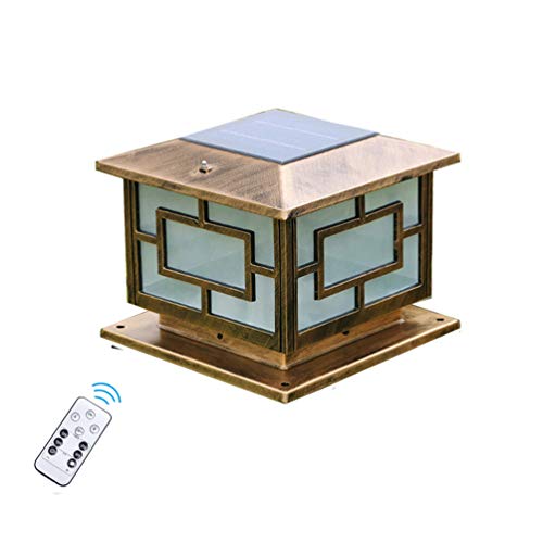 ACMHNC LED Lampe De Pilier Solaire Extérieure, Marron Or Lampe Pilier Portail avec Télécommande,Carré Lampadaire De Jardin IP65 Étanche Antique Lampe De Chemin Cour Terrasse Patio Luminaire Borne,S