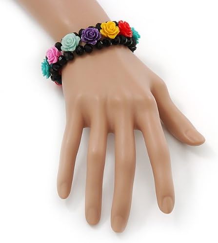 Avalaya Romantic Multicoloured Resin Rose, Black Glass Bead Flex Bracelet, 19cm Length, black, yellow, red, light green, teal - Image 5