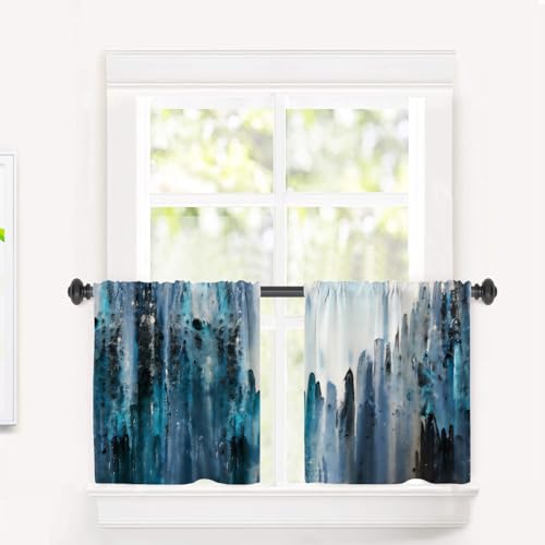 BaoNews Blue and White Blackout Tier Curtains, Abstract Blue Black Grey and White Painting Half Window Drapes for Kitchen with Rod Pocket,Room Darkening 2 Pack 26X24 Inches