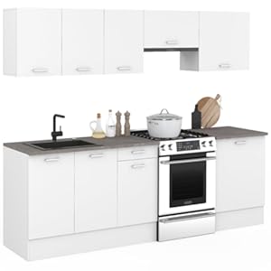 IDMarket – Complete keuken 240 cm SUBTIL met werkblad 7 witte elementen en dienbladen in betonlook