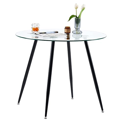 GOLDFAN Round Dining Table 80cm with Tempered Glass Top, Black Legs Modern Table, Small Circular Glass Table Kitchen Living Room Furniture