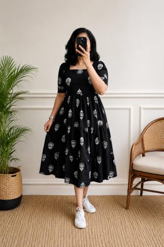 Image of Women's Rayon Printed A-Line Kurti Midi Dress