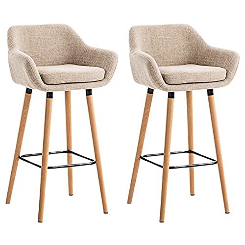 HUOLE Lot de 2 Tabourets de Bar, avec Dossier et Repose-Pieds, Chaise Haute et Rembourrée, Surface en Lin, Hauteur d’Assise de 64 cm, Pieds en Bois Massif, en Tissu matelassé, élégant (Beige)