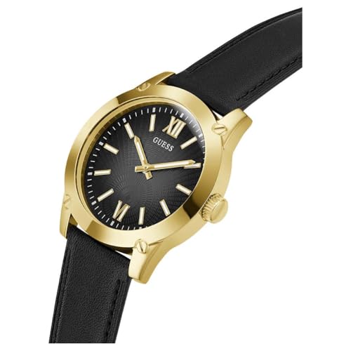 Image of GUESS Gold-Tone and Black Leather Analog Watch