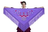 Genérico Mantón Triangular Bordado a una cara 150x75cm - Pañuelo de Pico con Flecos para flamenco o sevillanas. Eventos y Fiesta (Lila bordado multicolor)