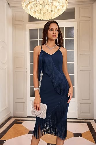 Foto von Damen 22er Jahre Kleid Vintage Gatsby Fransenkleid Spaghetii Ärmellos Sexy Midikleid Latein Salsa Tanzkleid Festlich Elegant Cocktail Dunkel Blau XXL