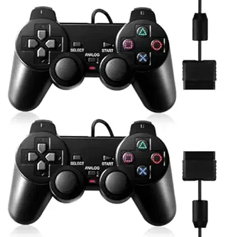 HaeBorl PS2 Controller, 2 Packs Wired Controller Compatible with PS2/PS2 Slim/PS1, PS2 Replacement Wired Controller with Dual Vibration, Black