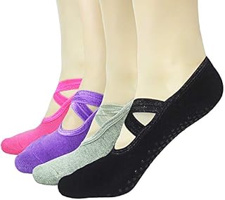 Sticky Pilates Barre Yoga Socks - Elutong 4 Pack Non Slip Skid Straps