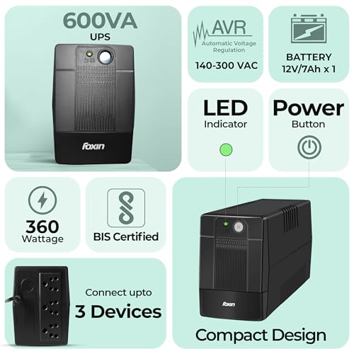 Image of Foxin UPS 600VA /360W Uninterrupted Power Supply System for Desktop, Home Office, Computers | AVR, Auto Restart & Generator Compatibility | Ideal Power Backup & Protection | BIS Certified