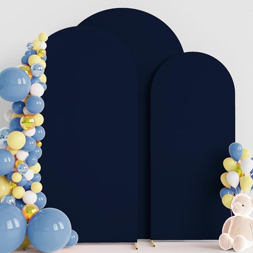 Image of Wokceer Wedding Arch Backdrop Cover 7.2FT, 6.6FT, 6FT Set of 3 Spandex Fitted Navy Blue Arch Covers for Round Top Chiara Arch Backdrop Stands Cover for Birthday Party Ceremony Decor