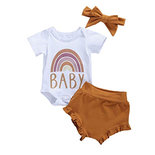 Image of Newborn Baby Girl Clothes Cotton Outfits Infant Toddler Rainbow Top Elastic Waist Shorts Cute Baby Summer Set